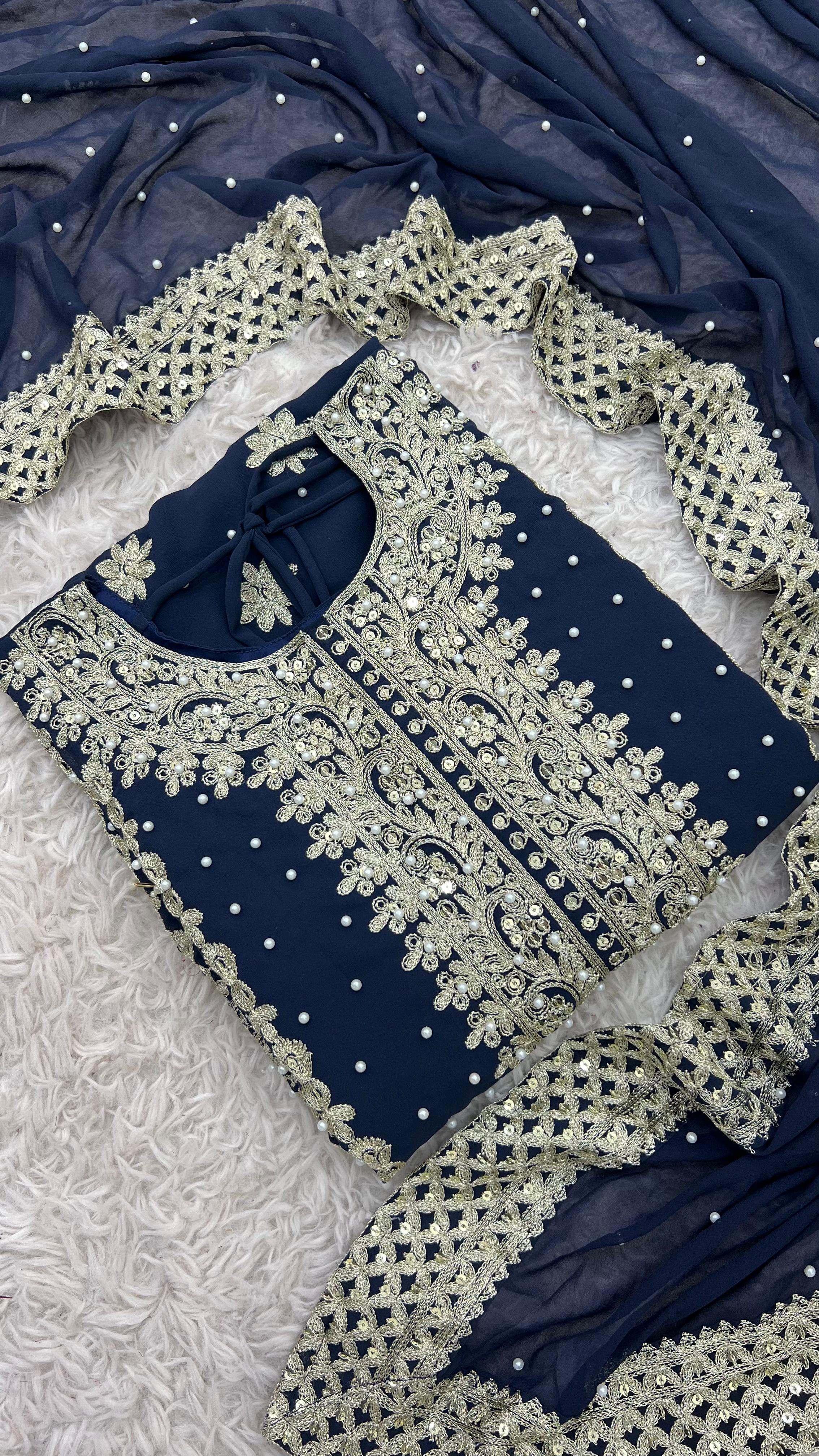 Reception Wear Navy Blue Color Faux Georgette With Heavy Embroidery Sequence Work Designer Salwar Suit