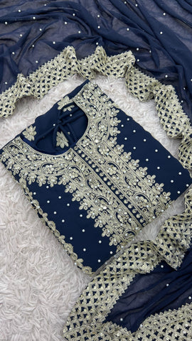 Reception Wear Navy Blue Color Faux Georgette With Heavy Embroidery Sequence Work Designer Salwar Suit