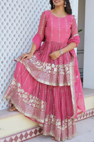 Fancy Baby Pink Color Pure Simmar With Heavy 3mm Sequence Work Beautiful Sharara Suit