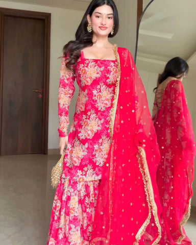 Wedding Wear Pink Color Digital Flower Printed Georgette Kurta With Sharara