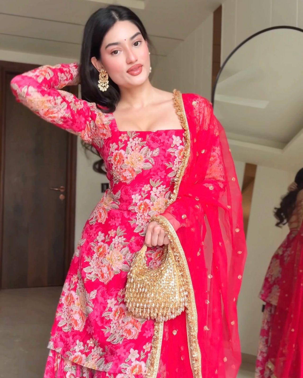 Wedding Wear Pink Color Digital Flower Printed Georgette Kurta With Sharara