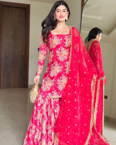 Wedding Wear Pink Color Digital Flower Printed Georgette Kurta With Sharara