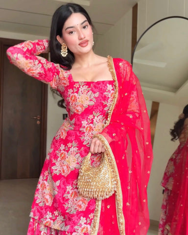 Wedding Wear Pink Color Digital Flower Printed Georgette Kurta With Sharara