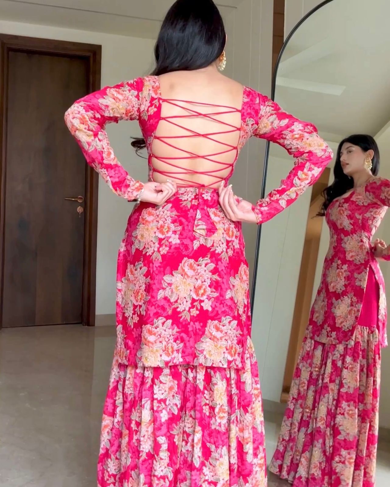 Wedding Wear Pink Color Digital Flower Printed Georgette Kurta With Sharara