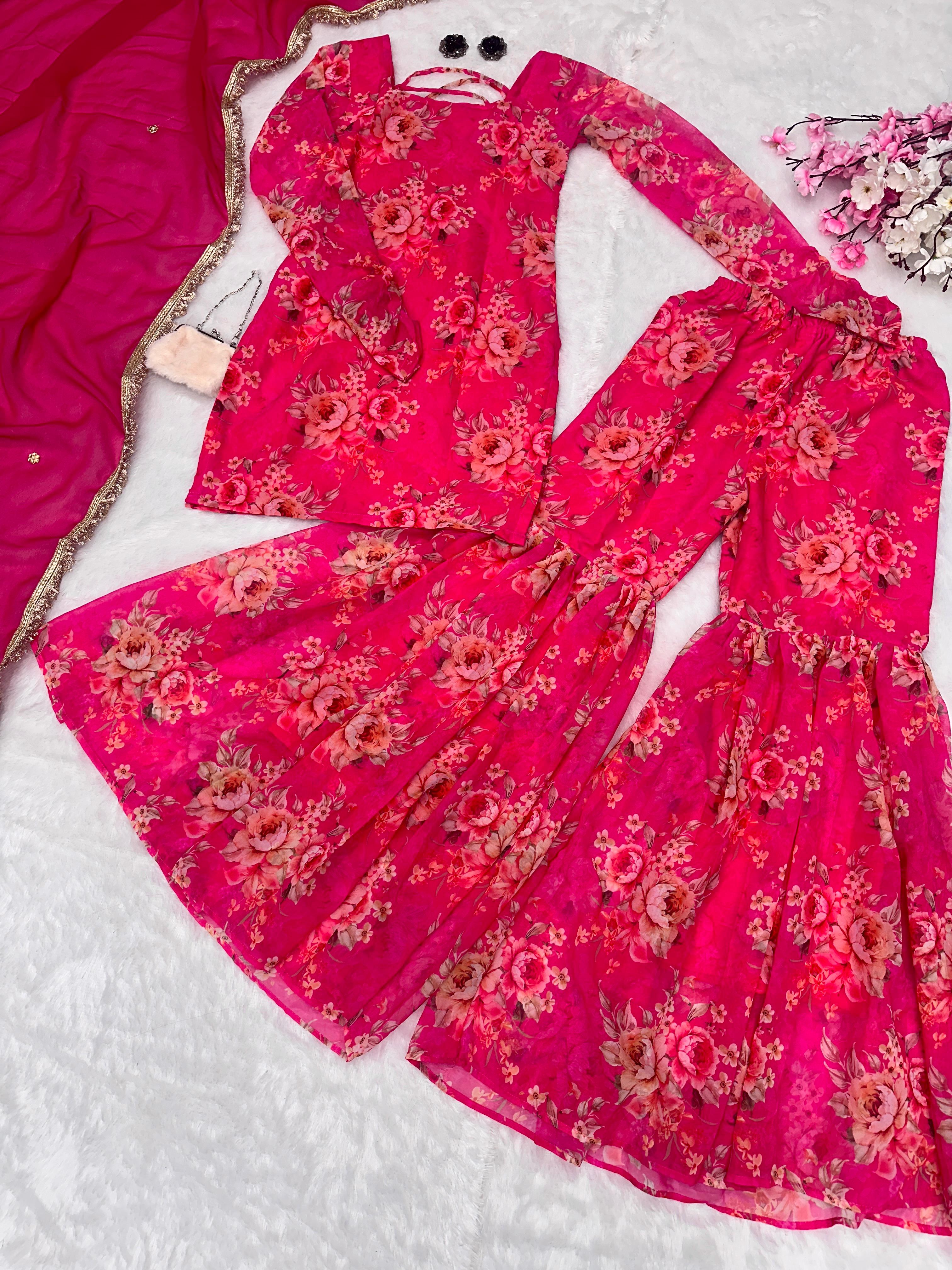 Wedding Wear Pink Color Digital Flower Printed Georgette Kurta With Sharara