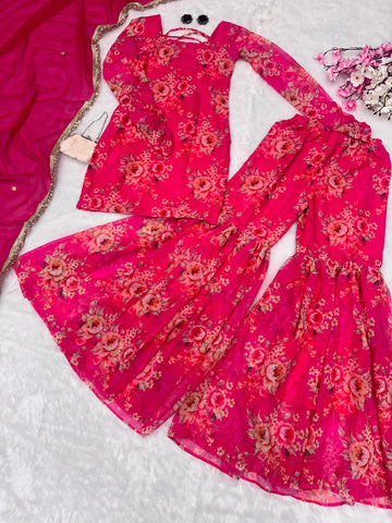 Wedding Wear Pink Color Digital Flower Printed Georgette Kurta With Sharara