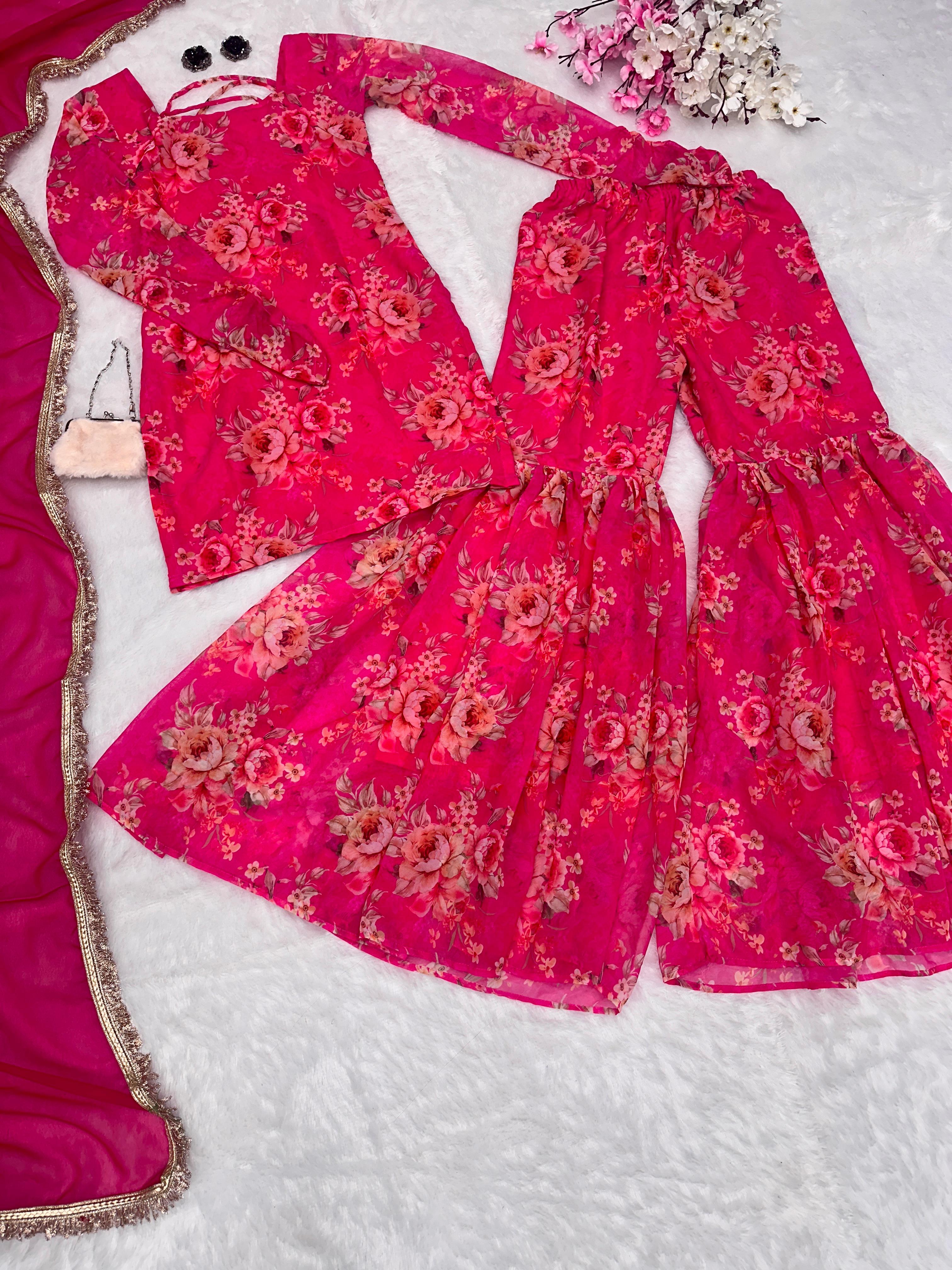 Wedding Wear Pink Color Digital Flower Printed Georgette Kurta With Sharara