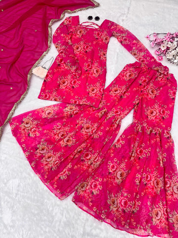 Wedding Wear Pink Color Digital Flower Printed Georgette Kurta With Sharara