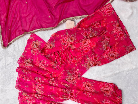 Wedding Wear Pink Color Digital Flower Printed Georgette Kurta With Sharara