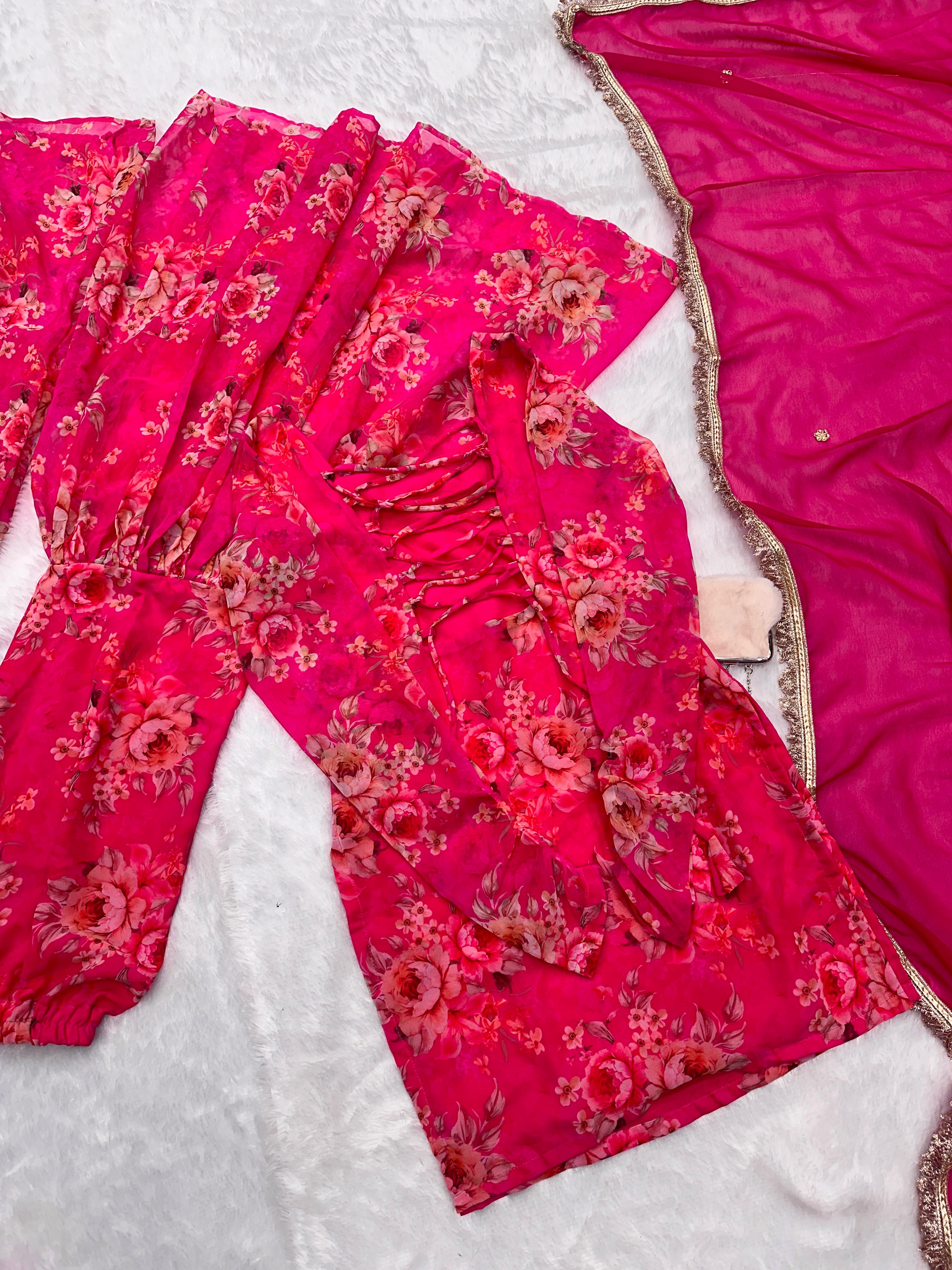 Wedding Wear Pink Color Digital Flower Printed Georgette Kurta With Sharara