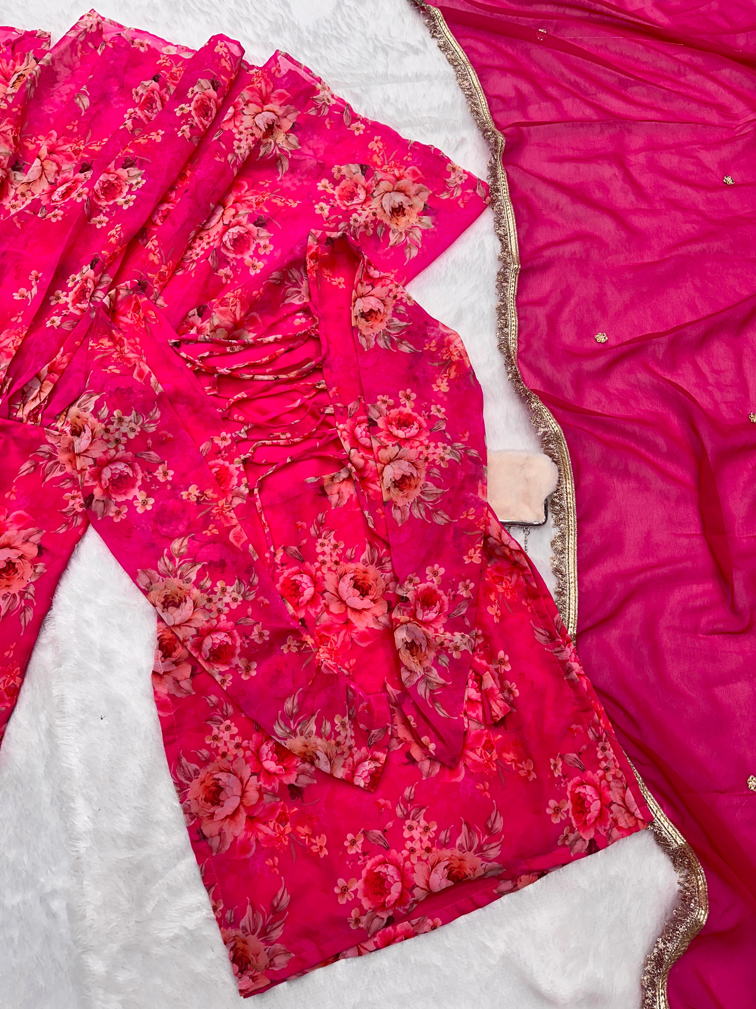 Wedding Wear Pink Color Digital Flower Printed Georgette Kurta With Sharara