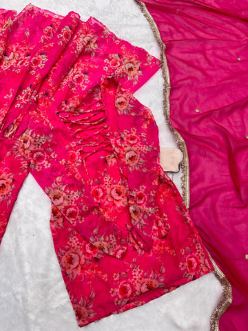 Wedding Wear Pink Color Digital Flower Printed Georgette Kurta With Sharara