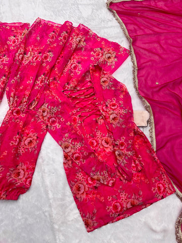 Wedding Wear Pink Color Digital Flower Printed Georgette Kurta With Sharara