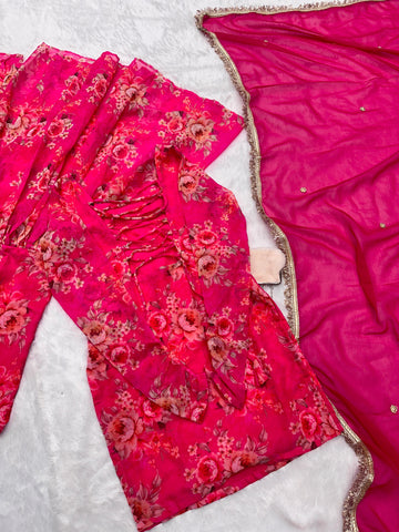 Wedding Wear Pink Color Digital Flower Printed Georgette Kurta With Sharara