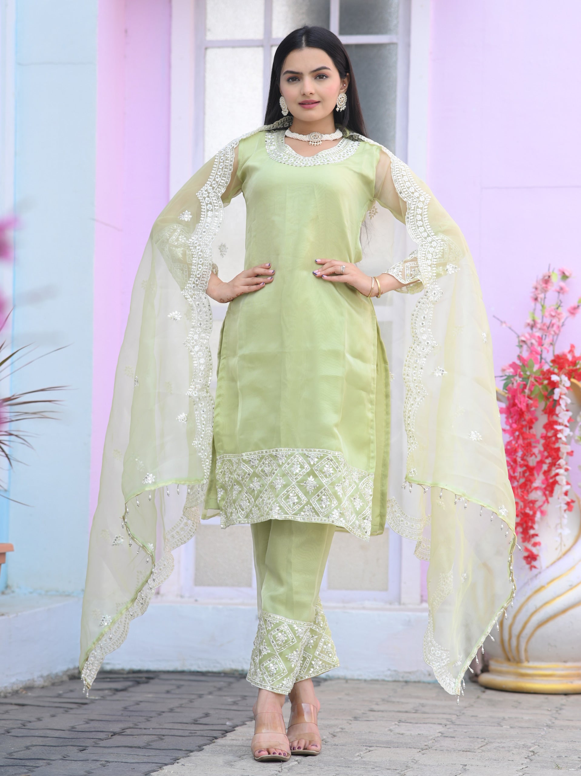 Ceremony Wear Light Green Color Organza With Sequence Embroidery Work Designer Salwar Suit