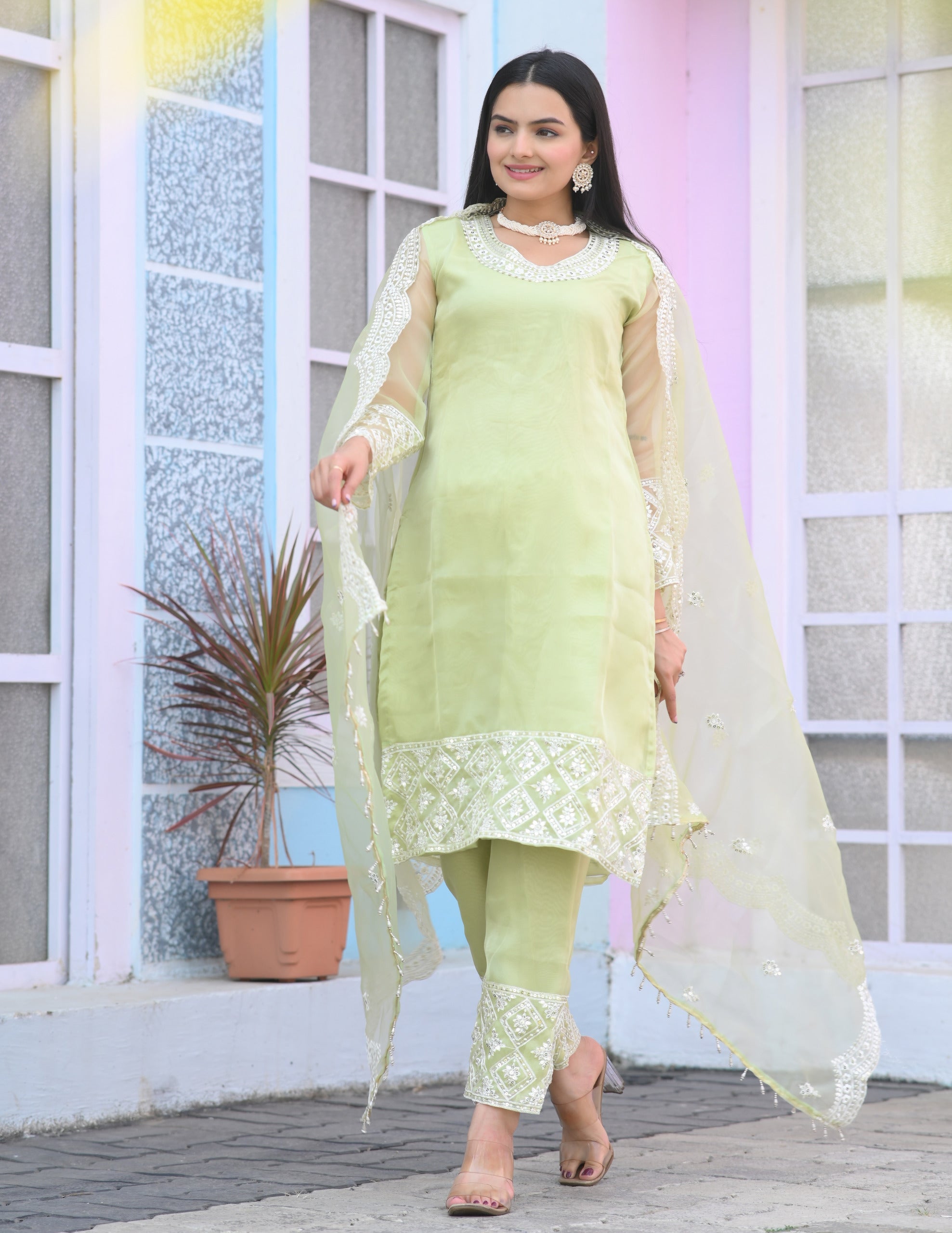 Ceremony Wear Light Green Color Organza With Sequence Embroidery Work Designer Salwar Suit