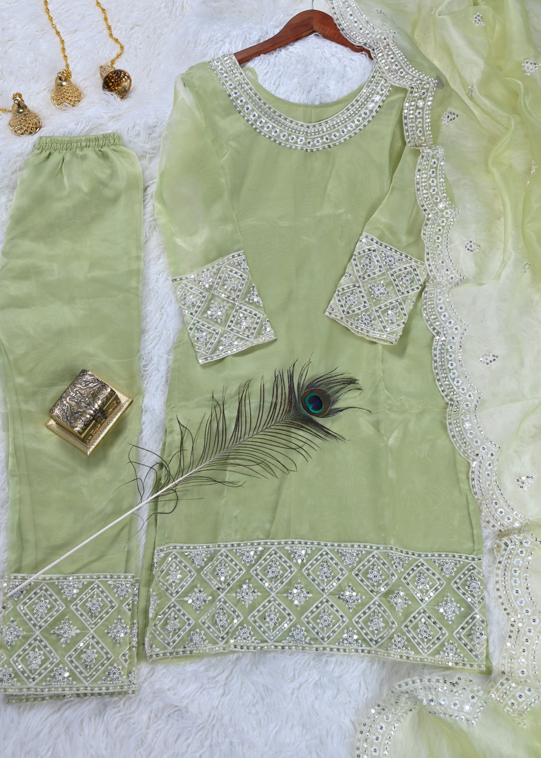 Ceremony Wear Light Green Color Organza With Sequence Embroidery Work Designer Salwar Suit
