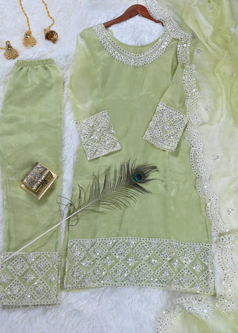 Ceremony Wear Light Green Color Organza With Sequence Embroidery Work Designer Salwar Suit