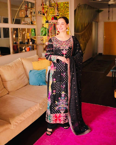 Party Wear Black Color Faux Georgette With Embroidery Sequence Designer Palazzo Suit