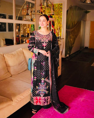 Party Wear Black Color Faux Georgette With Embroidery Sequence Designer Palazzo Suit