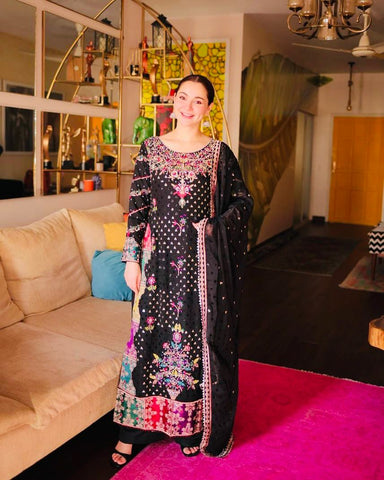 Party Wear Black Color Faux Georgette With Embroidery Sequence Designer Palazzo Suit