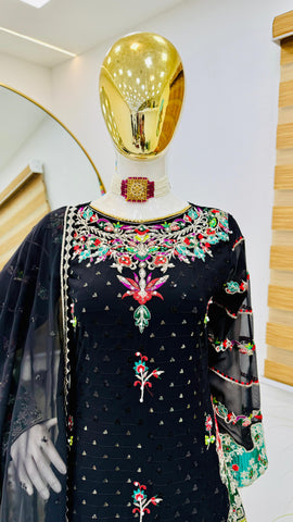 Party Wear Black Color Faux Georgette With Embroidery Sequence Designer Palazzo Suit