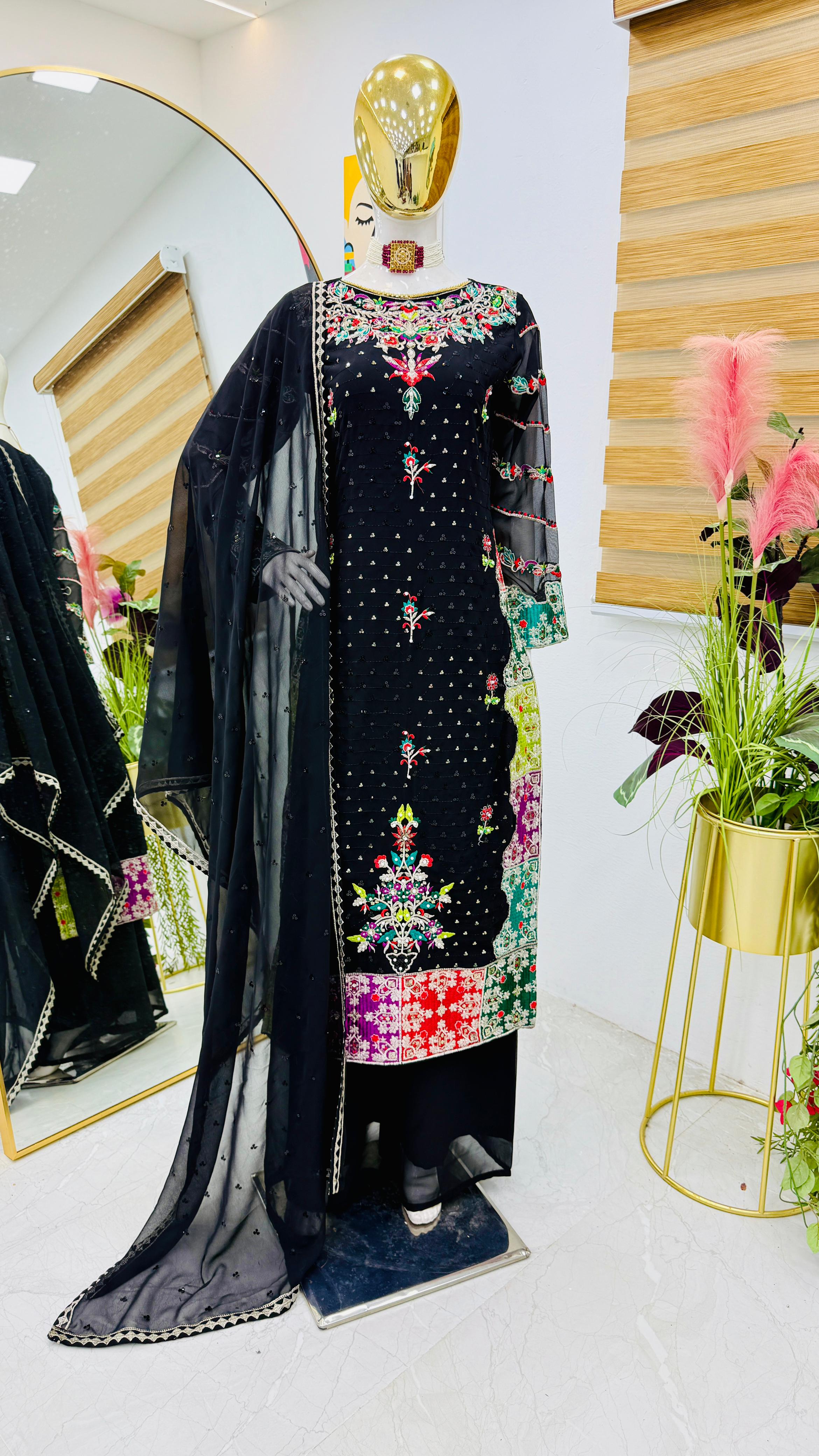 Party Wear Black Color Faux Georgette With Embroidery Sequence Designer Palazzo Suit
