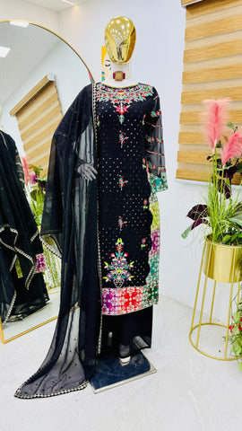 Party Wear Black Color Faux Georgette With Embroidery Sequence Designer Palazzo Suit