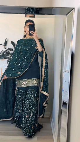 Stunning Teal Green Color Heavy Faux Georgette With Embroidery Sequence Work Beautiful Sharara Suit