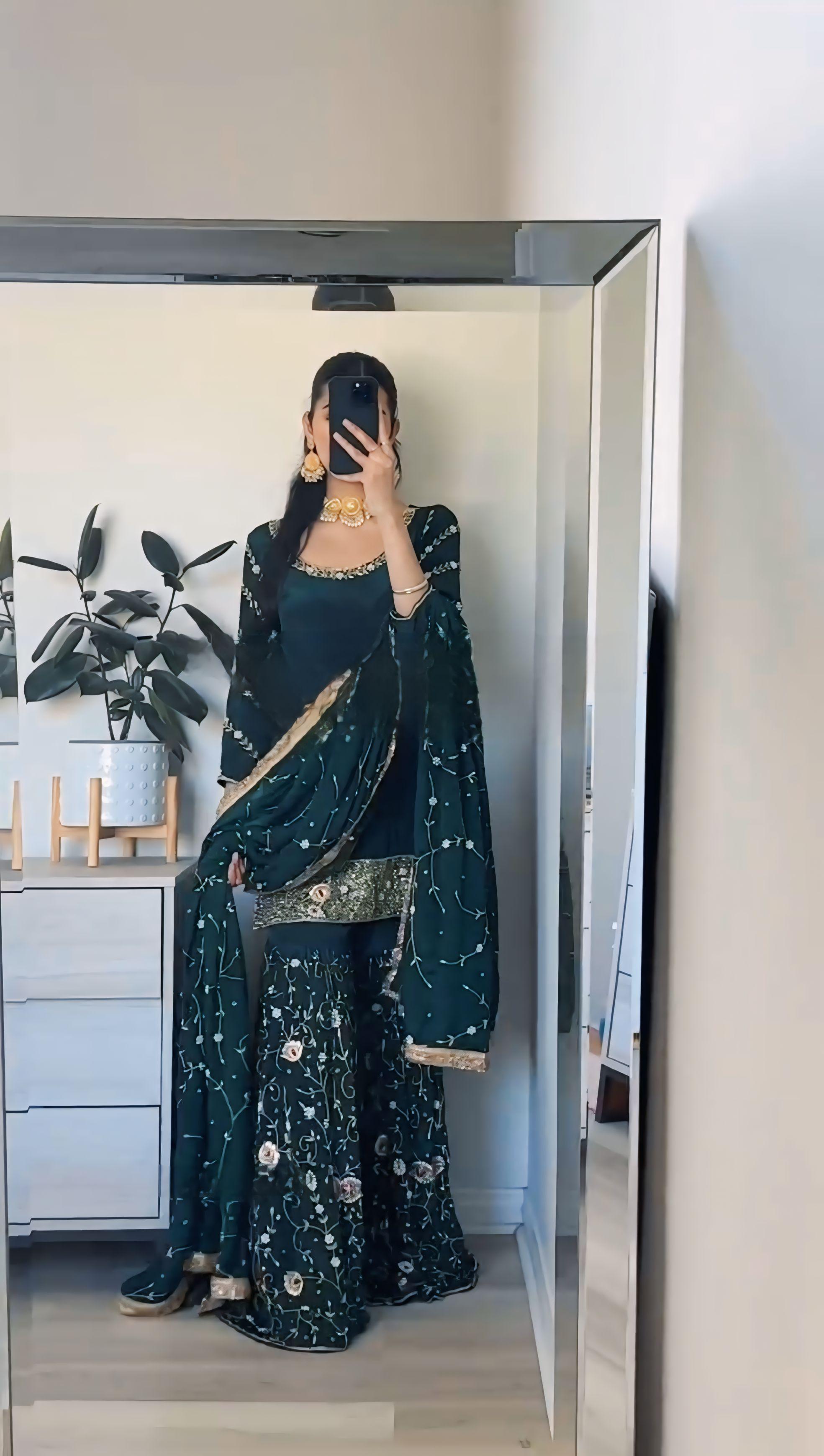 Stunning Teal Green Color Heavy Faux Georgette With Embroidery Sequence Work Beautiful Sharara Suit