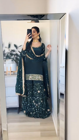 Stunning Teal Green Color Heavy Faux Georgette With Embroidery Sequence Work Beautiful Sharara Suit