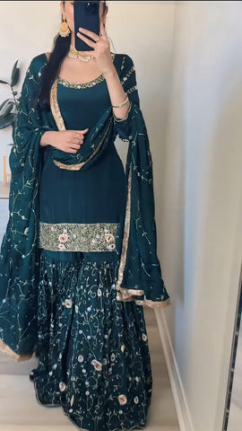 Stunning Teal Green Color Heavy Faux Georgette With Embroidery Sequence Work Beautiful Sharara Suit