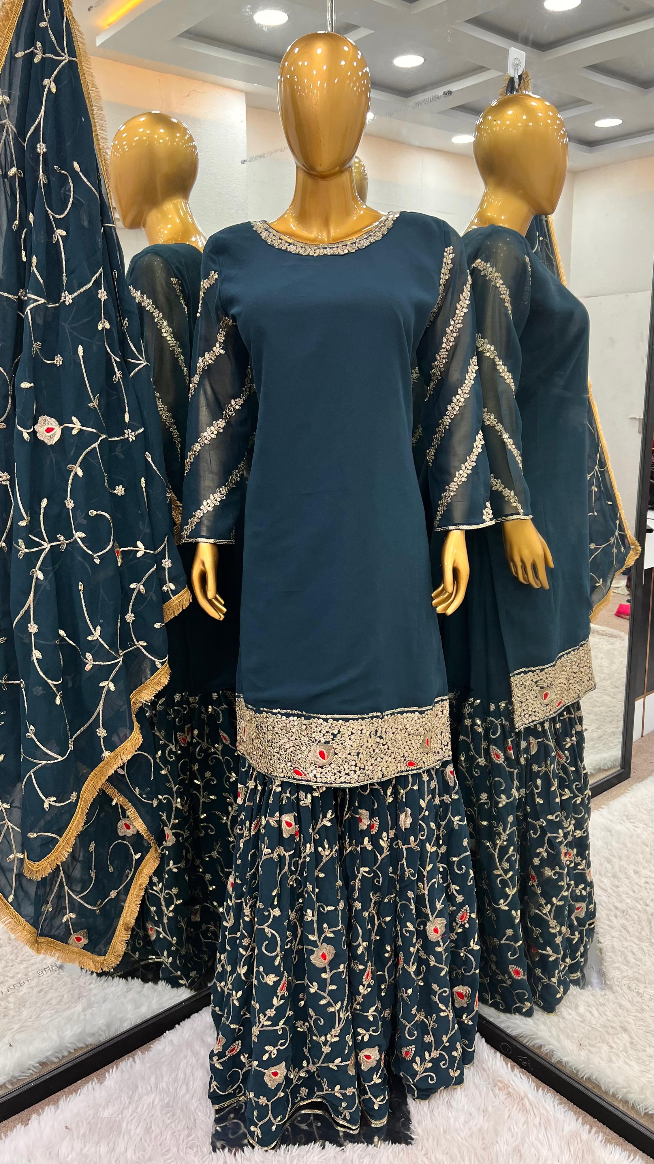 Stunning Teal Green Color Heavy Faux Georgette With Embroidery Sequence Work Beautiful Sharara Suit