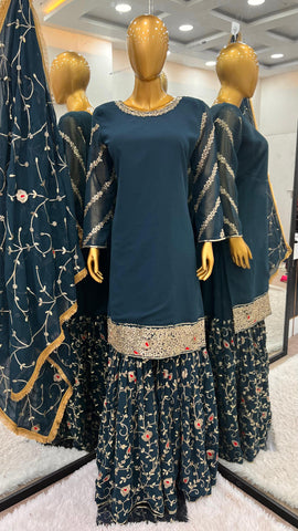 Stunning Teal Green Color Heavy Faux Georgette With Embroidery Sequence Work Beautiful Sharara Suit