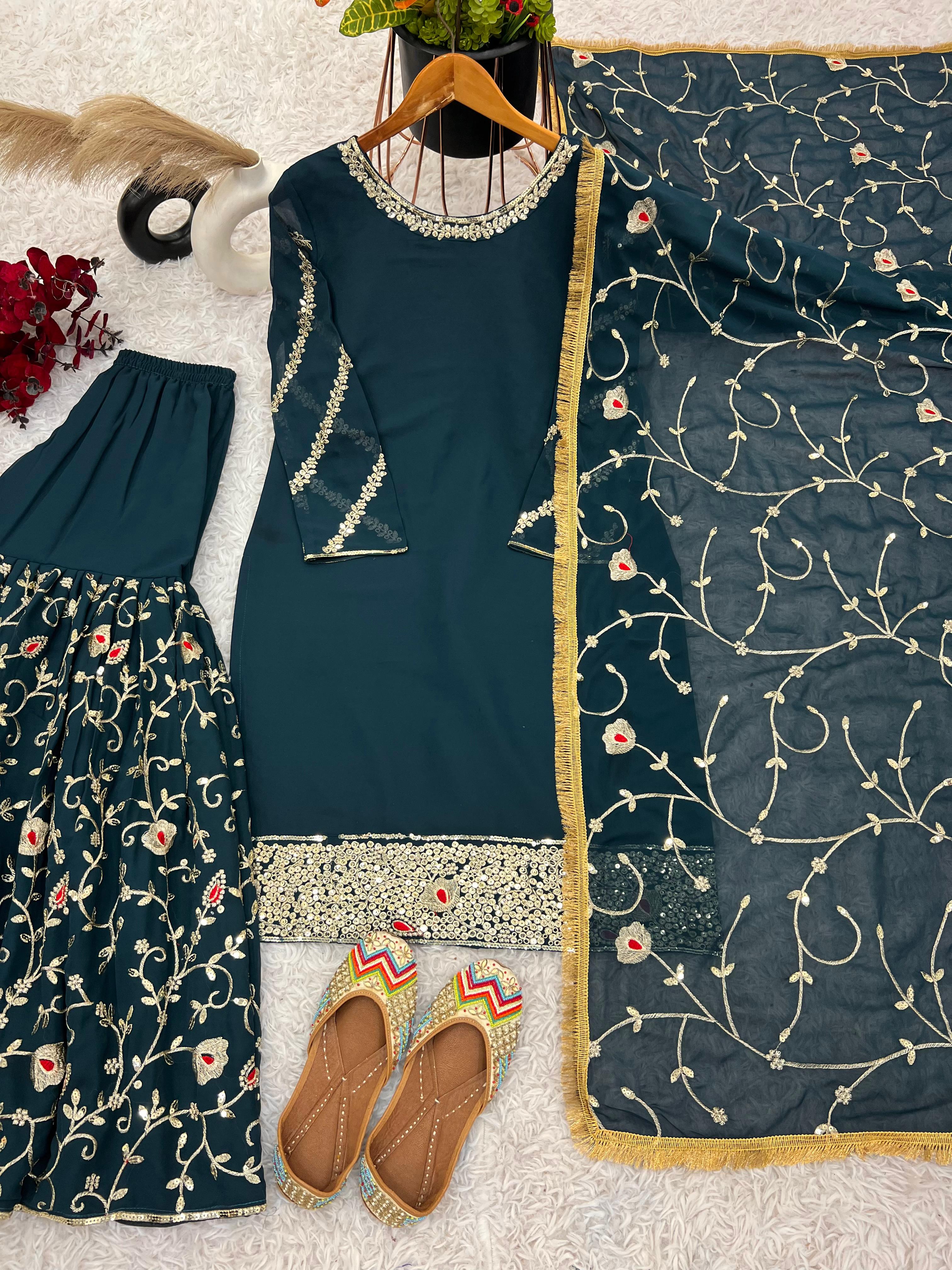 Stunning Teal Green Color Heavy Faux Georgette With Embroidery Sequence Work Beautiful Sharara Suit
