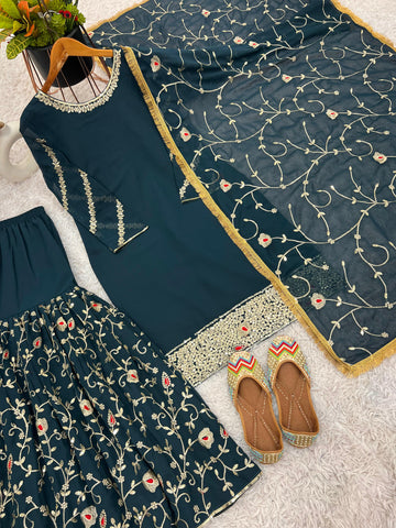 Stunning Teal Green Color Heavy Faux Georgette With Embroidery Sequence Work Beautiful Sharara Suit