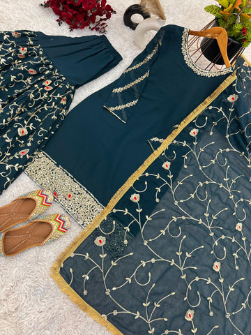 Stunning Teal Green Color Heavy Faux Georgette With Embroidery Sequence Work Beautiful Sharara Suit