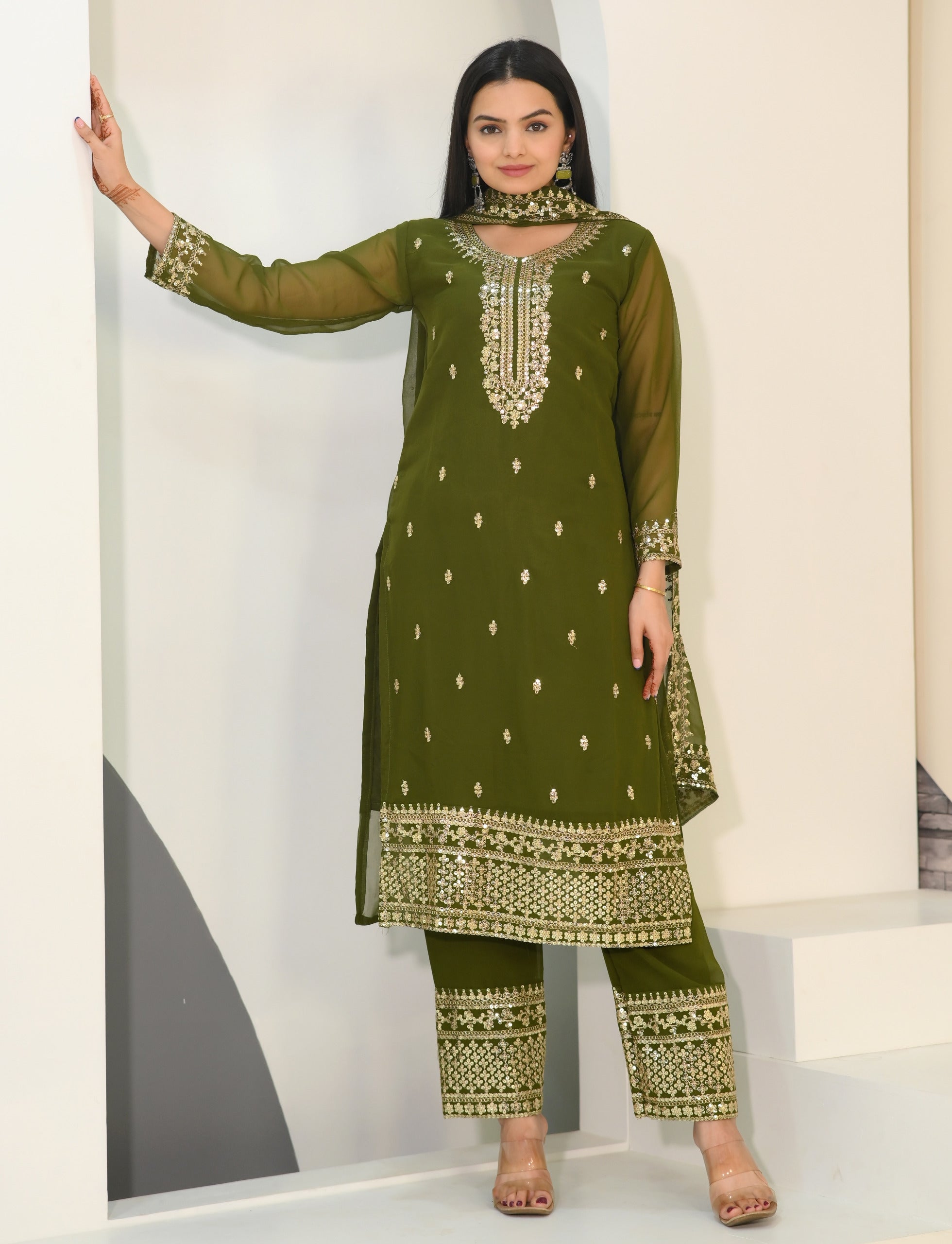 Wedding Wear Mehndi Green Color Faux Georgette And Sequence Embroidery Work Beautiful Salwar Suit