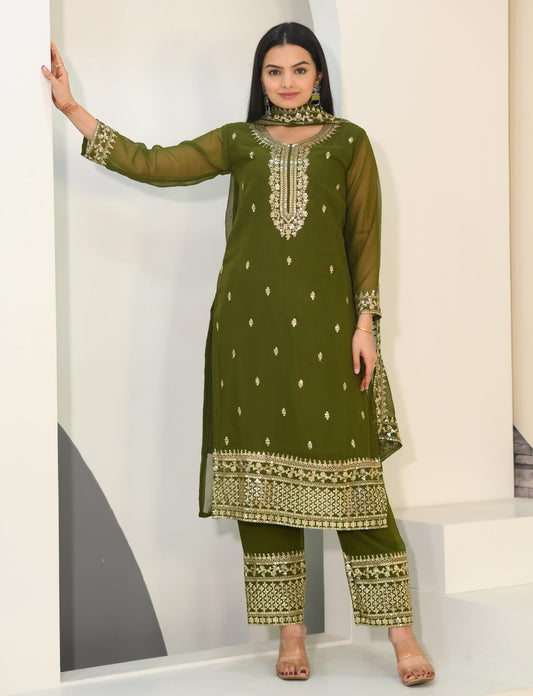 Wedding Wear Mehndi Green Color Faux Georgette And Sequence Embroidery Work Beautiful Salwar Suit