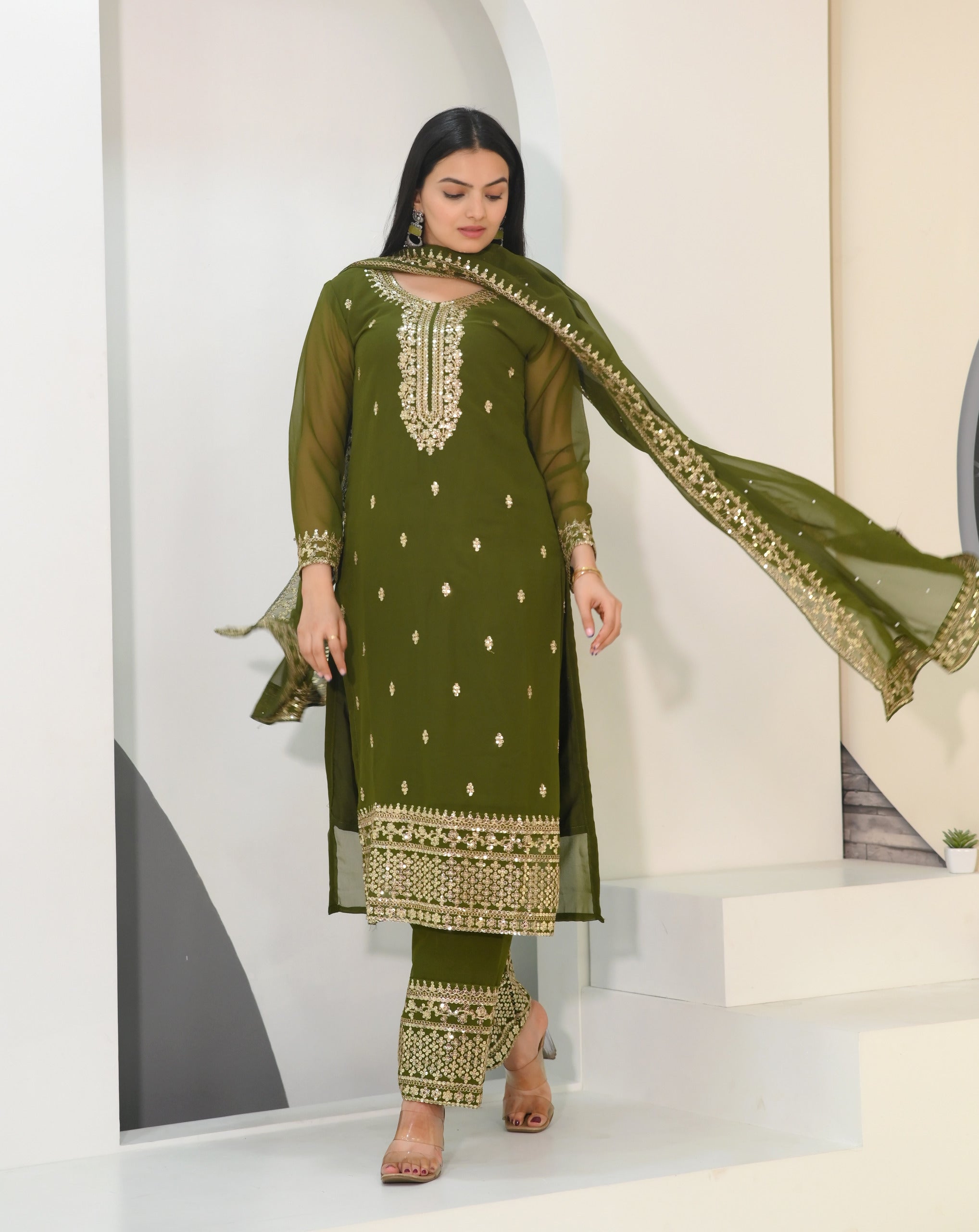Wedding Wear Mehndi Green Color Faux Georgette And Sequence Embroidery Work Beautiful Salwar Suit