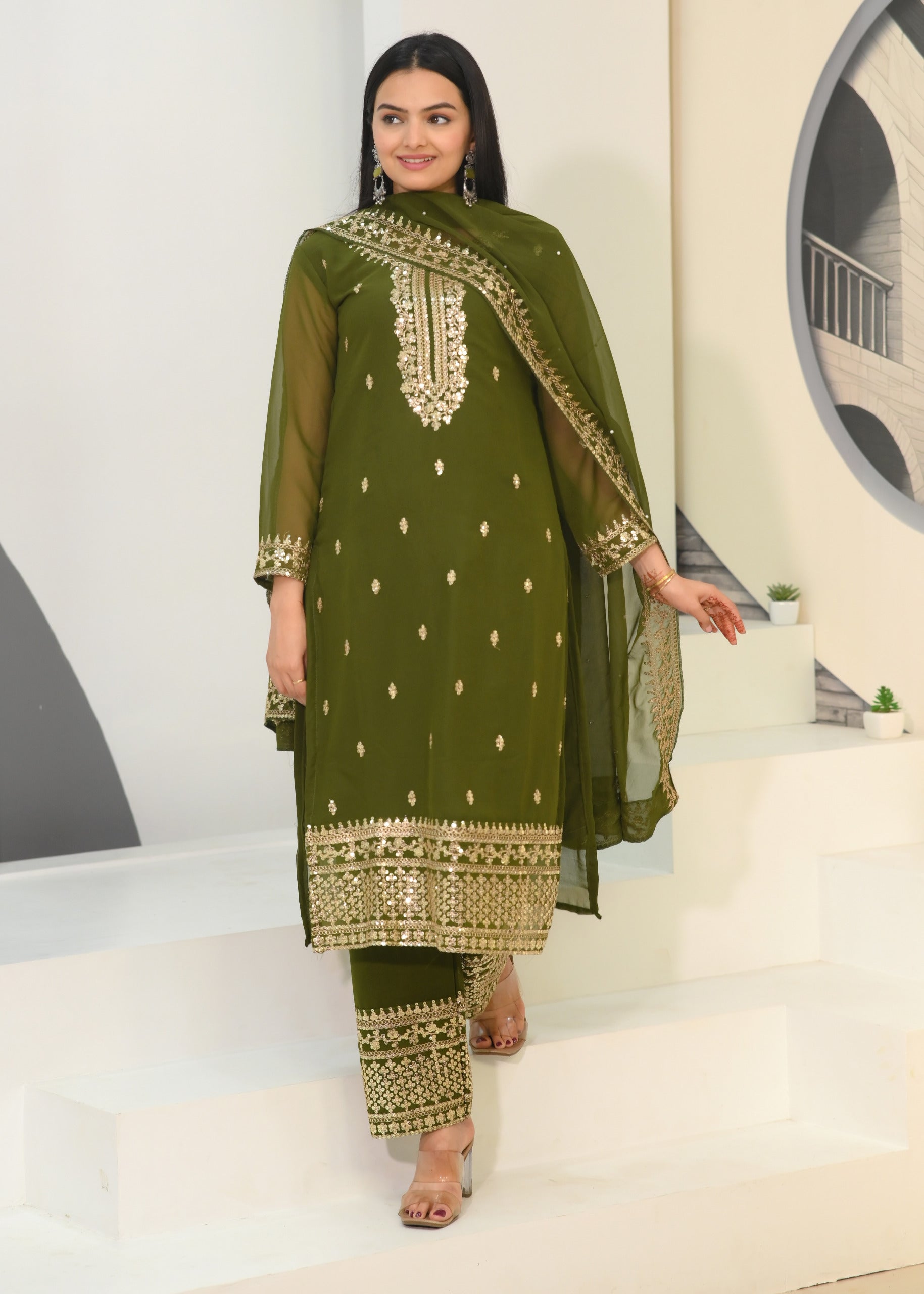 Wedding Wear Mehndi Green Color Faux Georgette And Sequence Embroidery Work Beautiful Salwar Suit