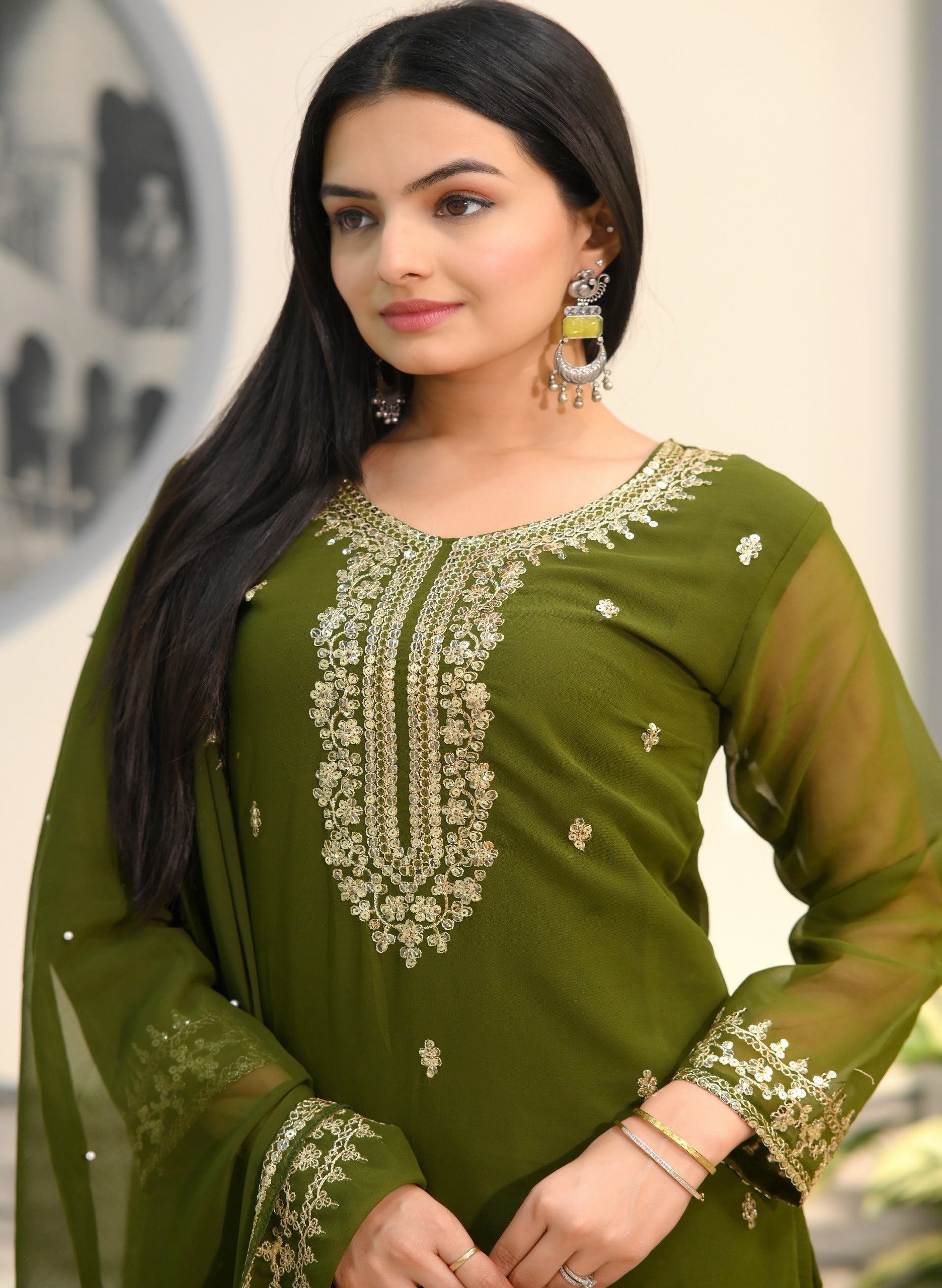 Wedding Wear Mehndi Green Color Faux Georgette And Sequence Embroidery Work Beautiful Salwar Suit