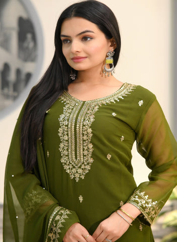 Wedding Wear Mehndi Green Color Faux Georgette And Sequence Embroidery Work Beautiful Salwar Suit