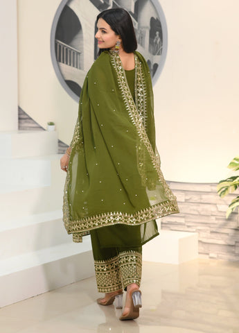 Wedding Wear Mehndi Green Color Faux Georgette And Sequence Embroidery Work Beautiful Salwar Suit