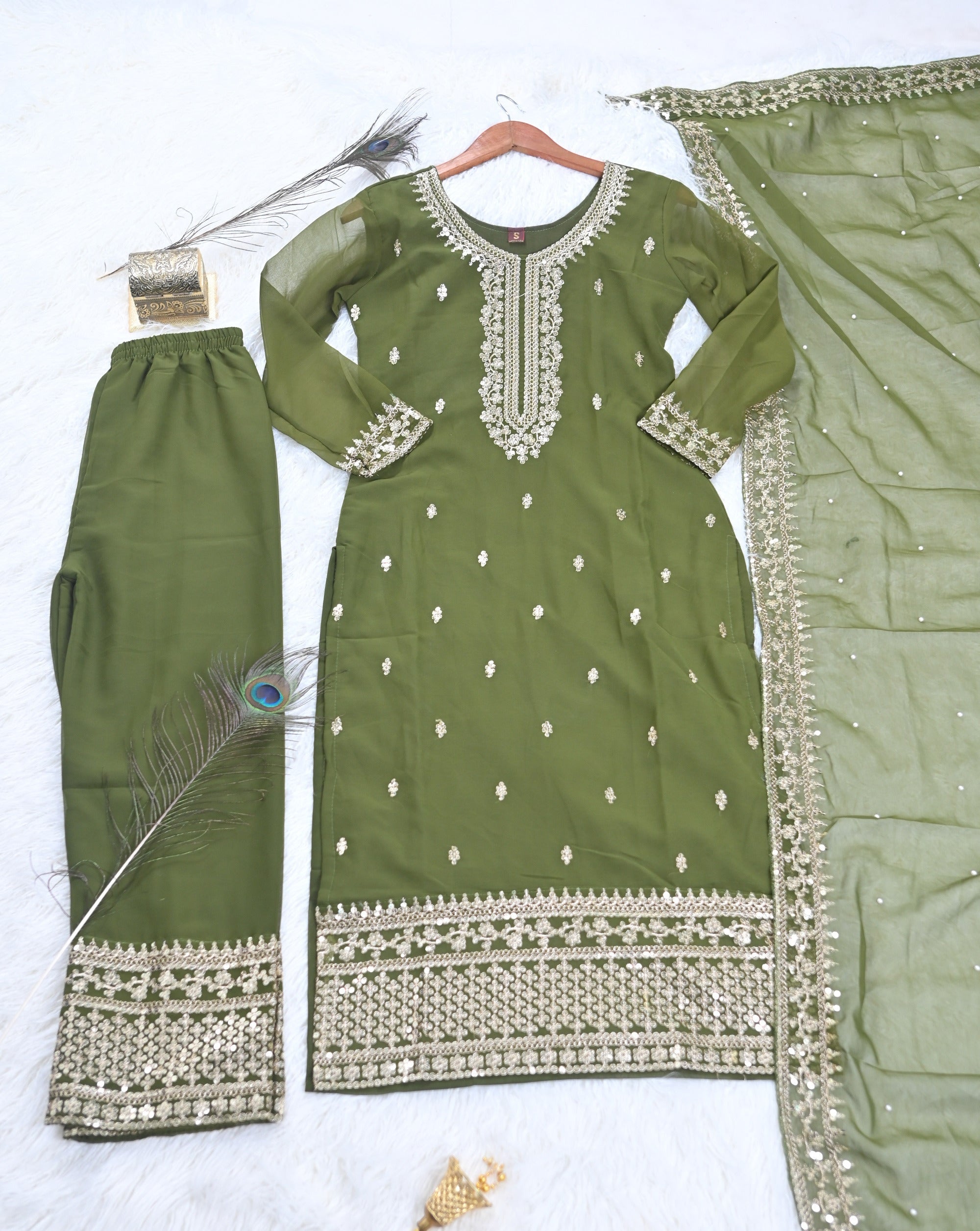 Wedding Wear Mehndi Green Color Faux Georgette And Sequence Embroidery Work Beautiful Salwar Suit