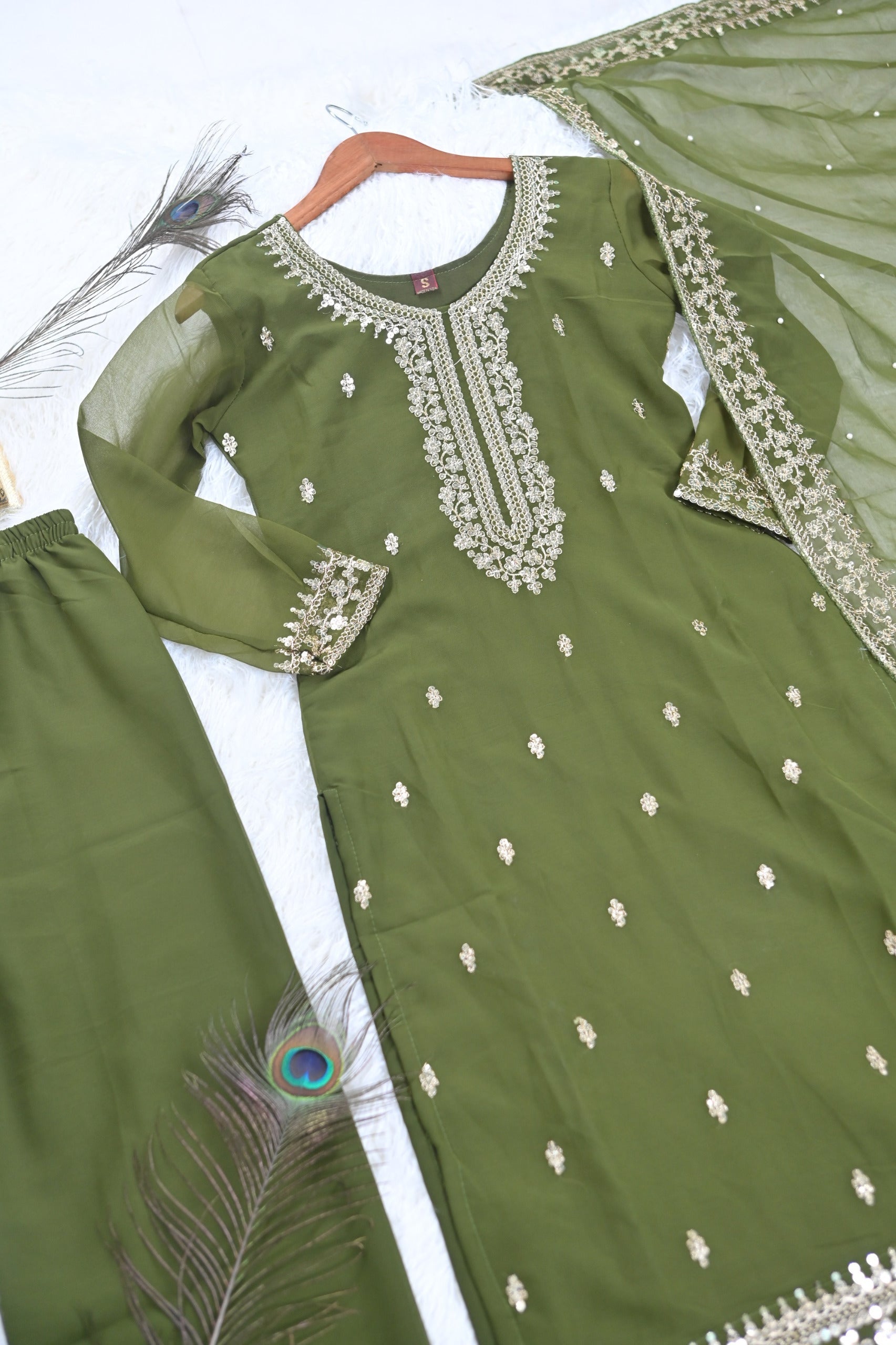 Wedding Wear Mehndi Green Color Faux Georgette And Sequence Embroidery Work Beautiful Salwar Suit