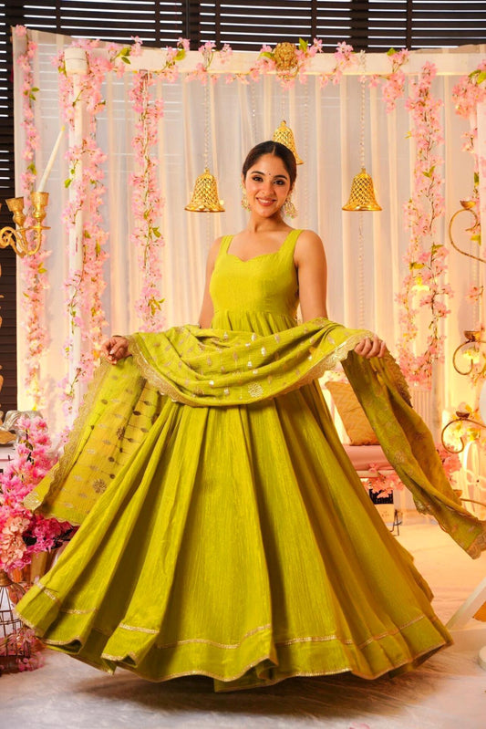Reception Wear Lemon Yellow Color Roman Silk Fabric With Sequence Zari Lace Designer Gown