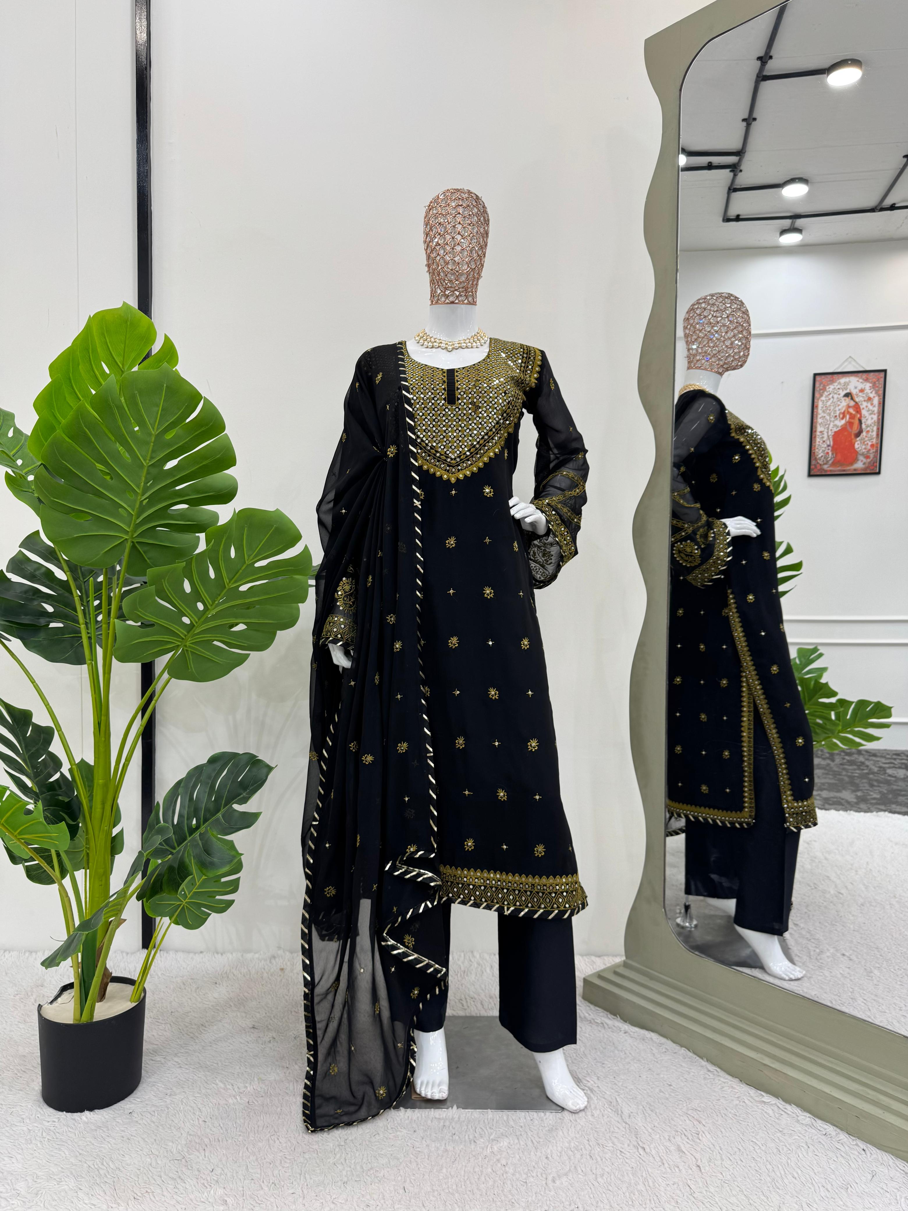 Stunning Black Color Faux Georgette And Thread With Sequence Work Beautiful Salwar Suit