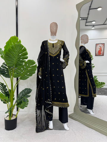 Stunning Black Color Faux Georgette And Thread With Sequence Work Beautiful Salwar Suit