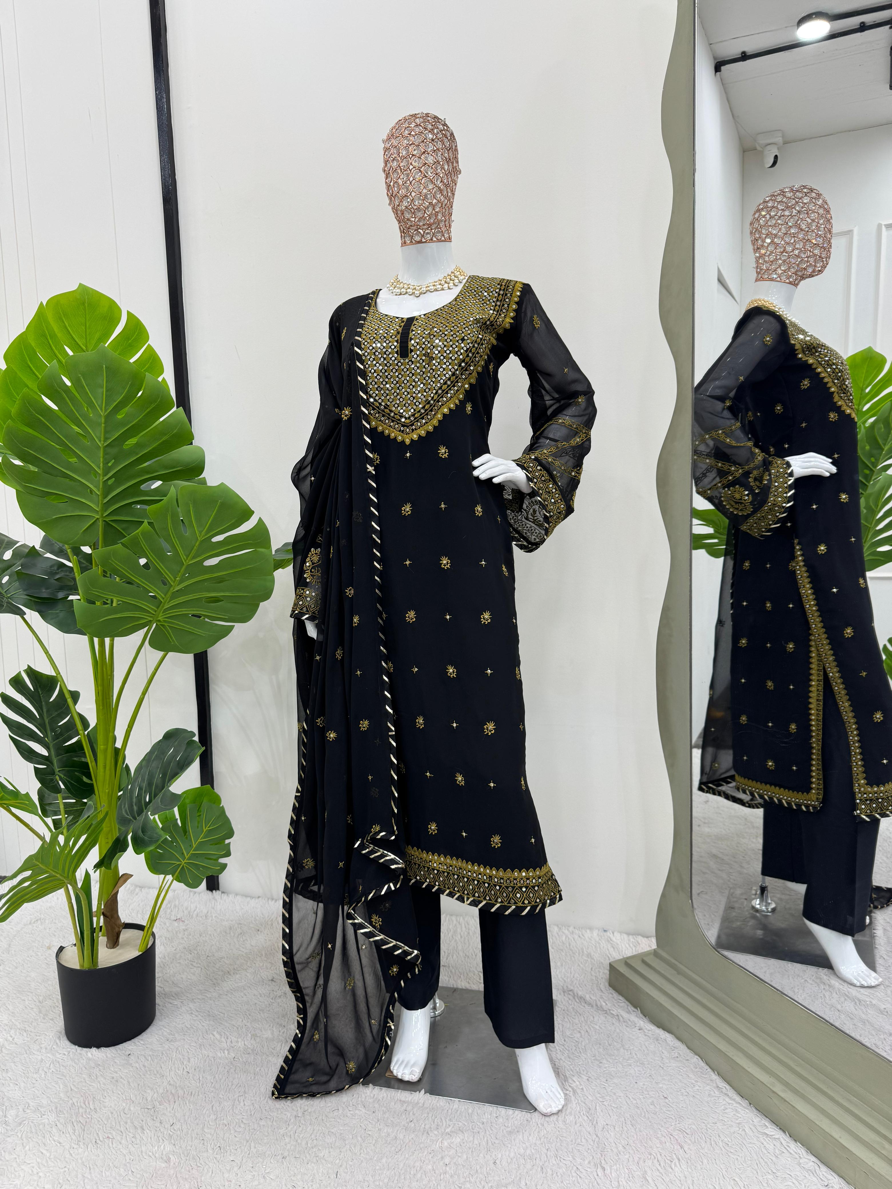 Stunning Black Color Faux Georgette And Thread With Sequence Work Beautiful Salwar Suit